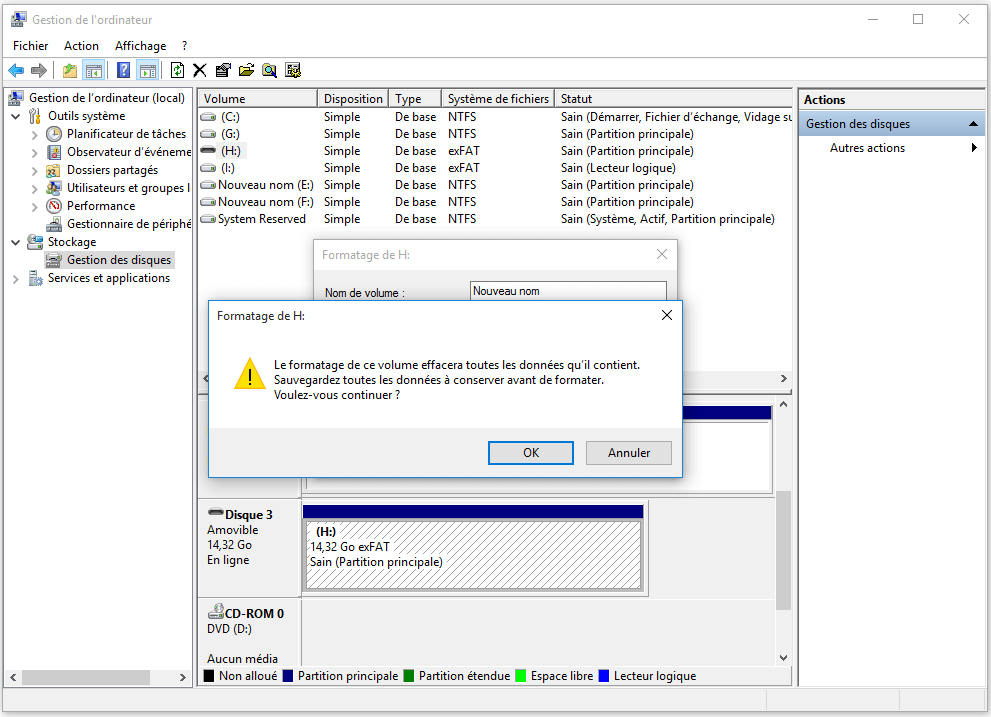 Cliquez sur OK pour confirmer que vous souhaitez formater le lecteur