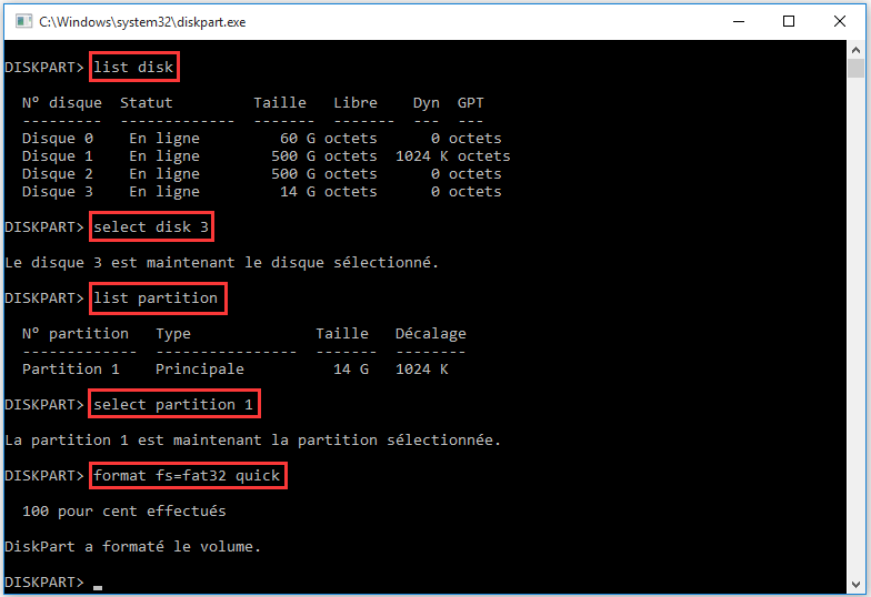 Tapez les commandes suivantes pour formater la partition d'exFAT en FAT32