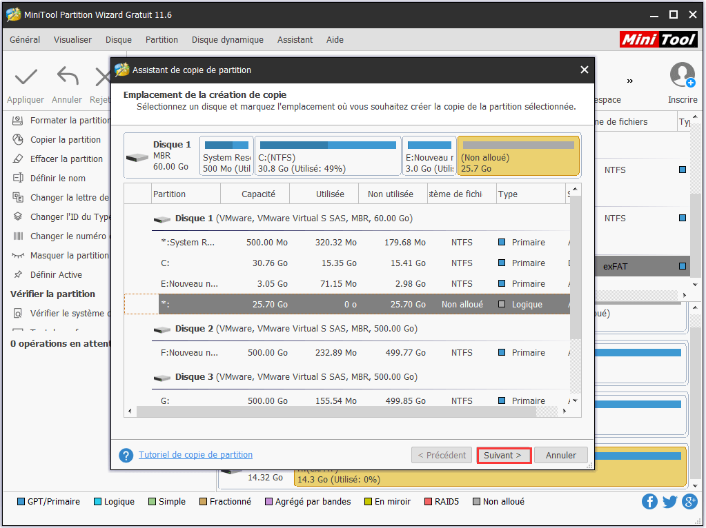 Choisissez un espace non alloué sur un autre disque pour créer la copie de la partition exFAT sélectionnée.