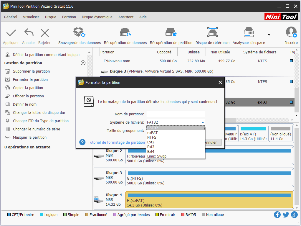 Ici, vous pouvez définir vous-même le nom de la partition, le système de fichiers ainsi que la taille du groupement.