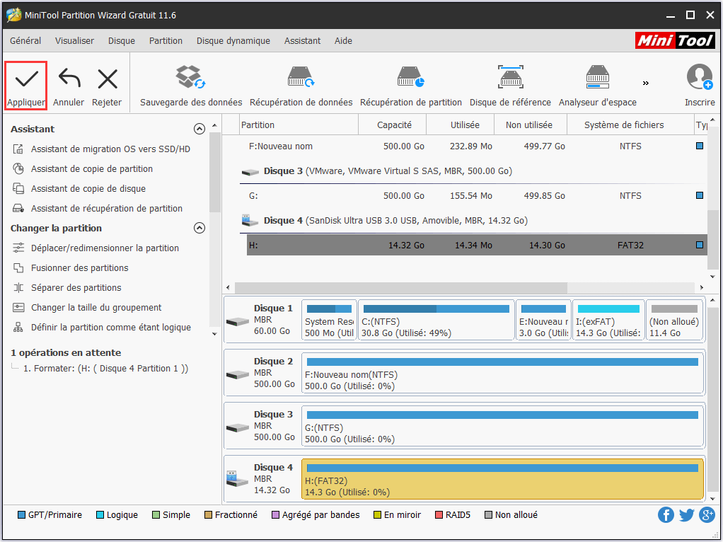 Ici, vous pouvez définir vous-même le nom de la partition, le système de fichiers ainsi que la taille du groupement.