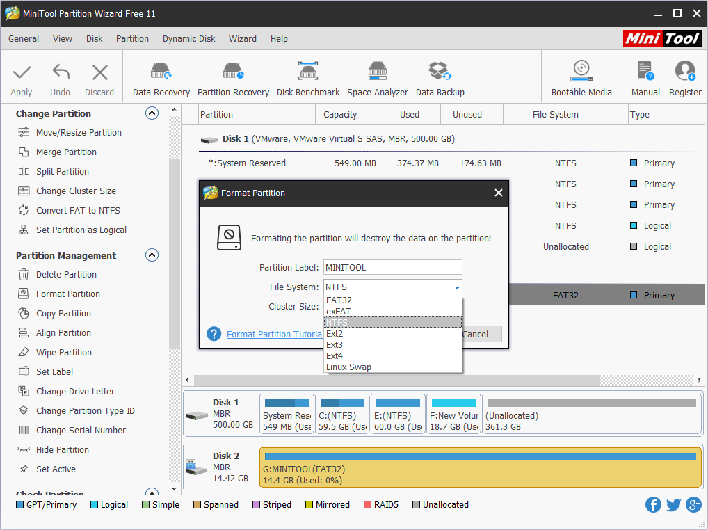 définir vous-même la table de partition, le système de fichiers, la taille du groupement pour la clé USB