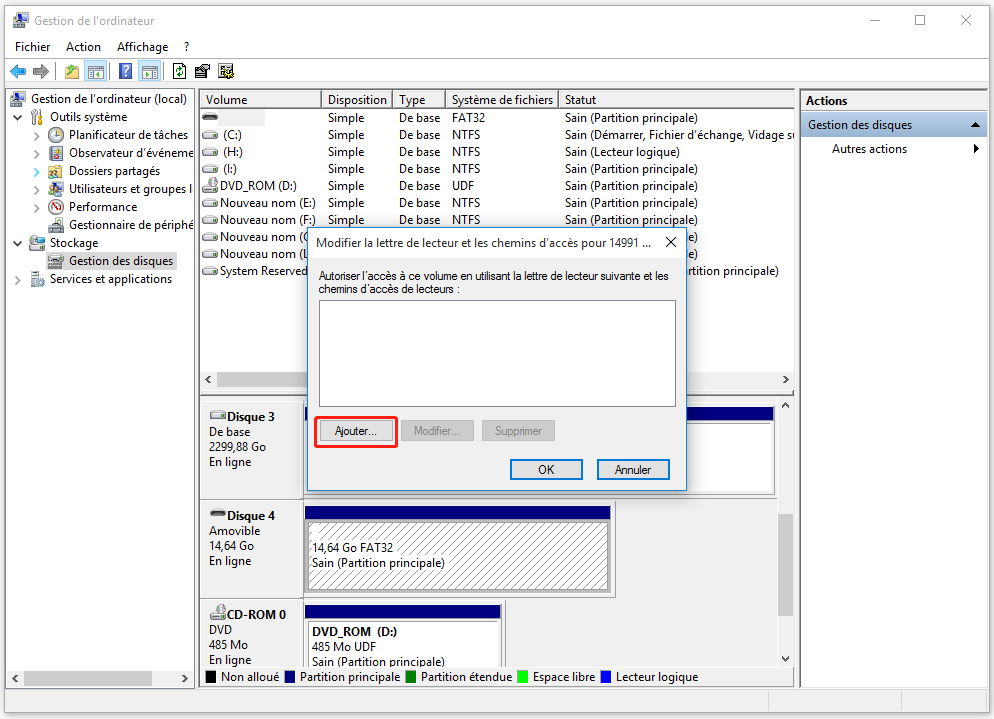 Ajouter pour ajouter une nouvelle lettre de lecteur pour la partition de la carte SD.