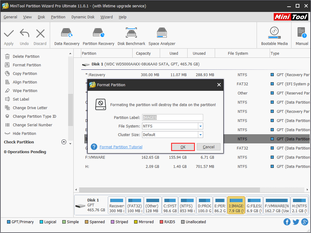 définissez le libellé de la partition, le système de fichiers ainsi que la taille du cluster et cliquez sur OK