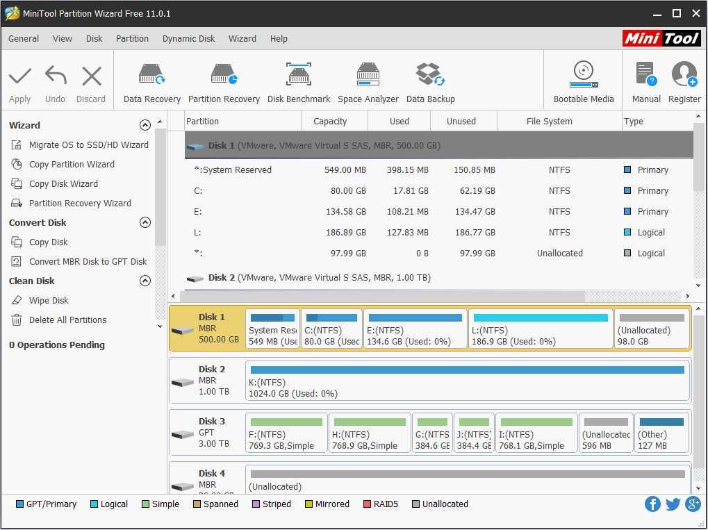 l'interface principale de MiniTool Partition Wizard Free