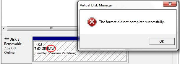 le format ne s'est pas terminé avec succès RAW