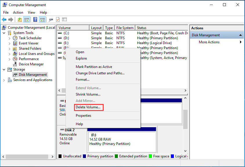 supprimer le volume dans Disk Management