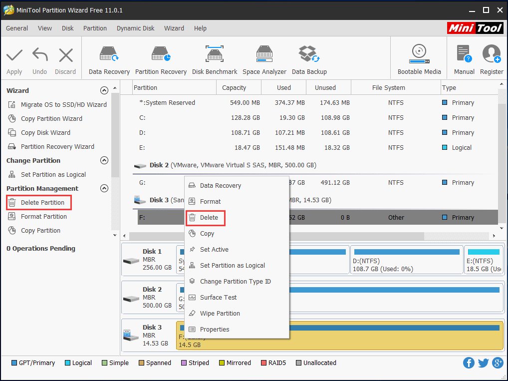supprimer la partition avec MiniTool Partition Wizard