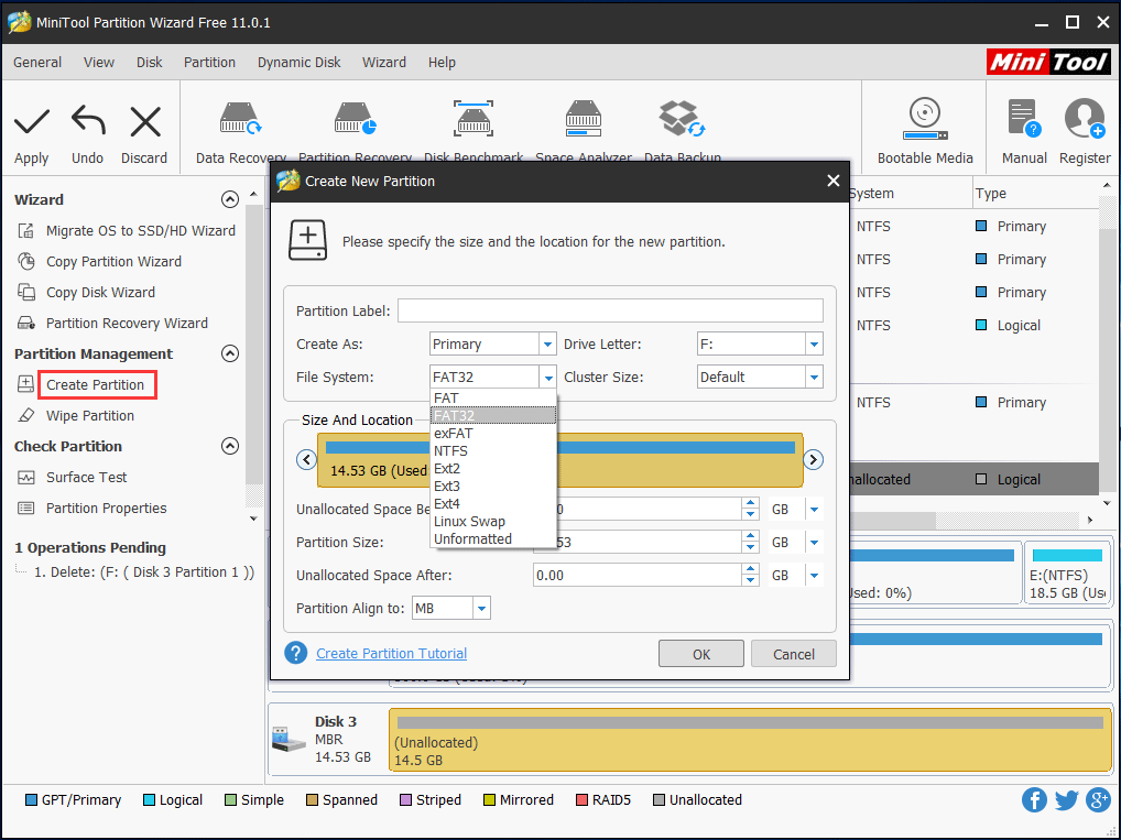 spécifier la taille et l'emplacement de la partition pour la nouvelle partition