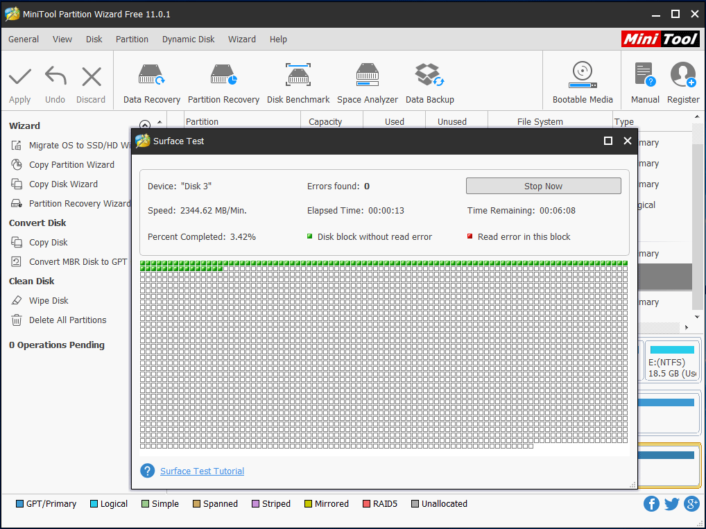 test de surface pour les secteurs défectueux