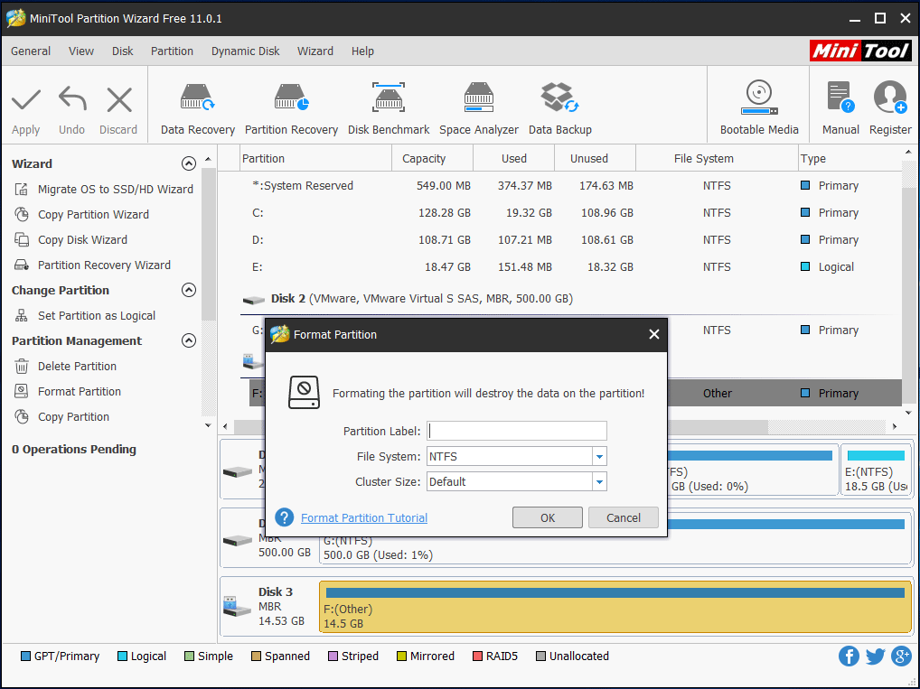 utiliser MiniTool Partition Wizard pour corriger le format n'a pas terminé l'erreur