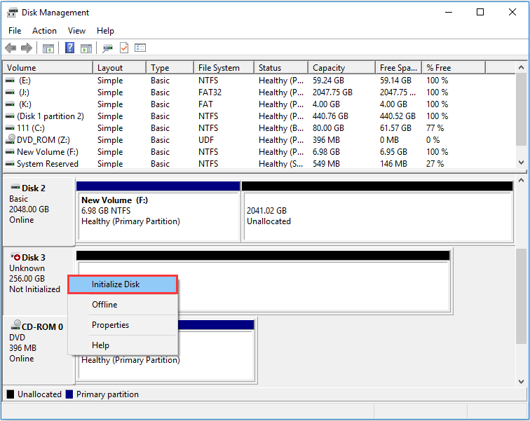  initialiser le disque dans la gestion des disques