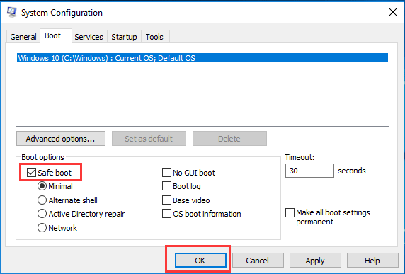 cochez Safe boot et cliquez sur OK pour continuer