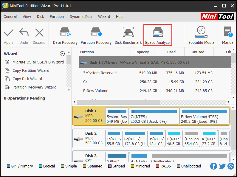 cliquez sur Space Analyzer dans la barre d'outils