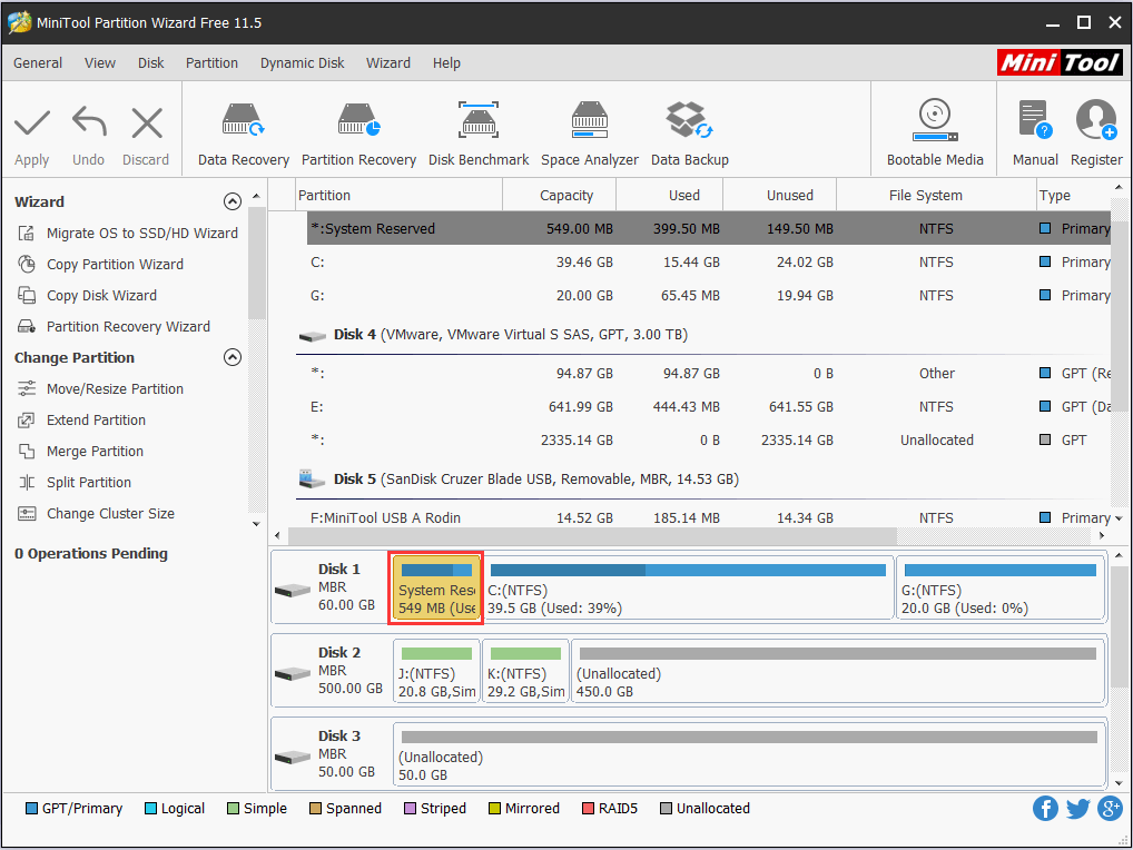 l'interface principale de MiniTool Partition Wizard