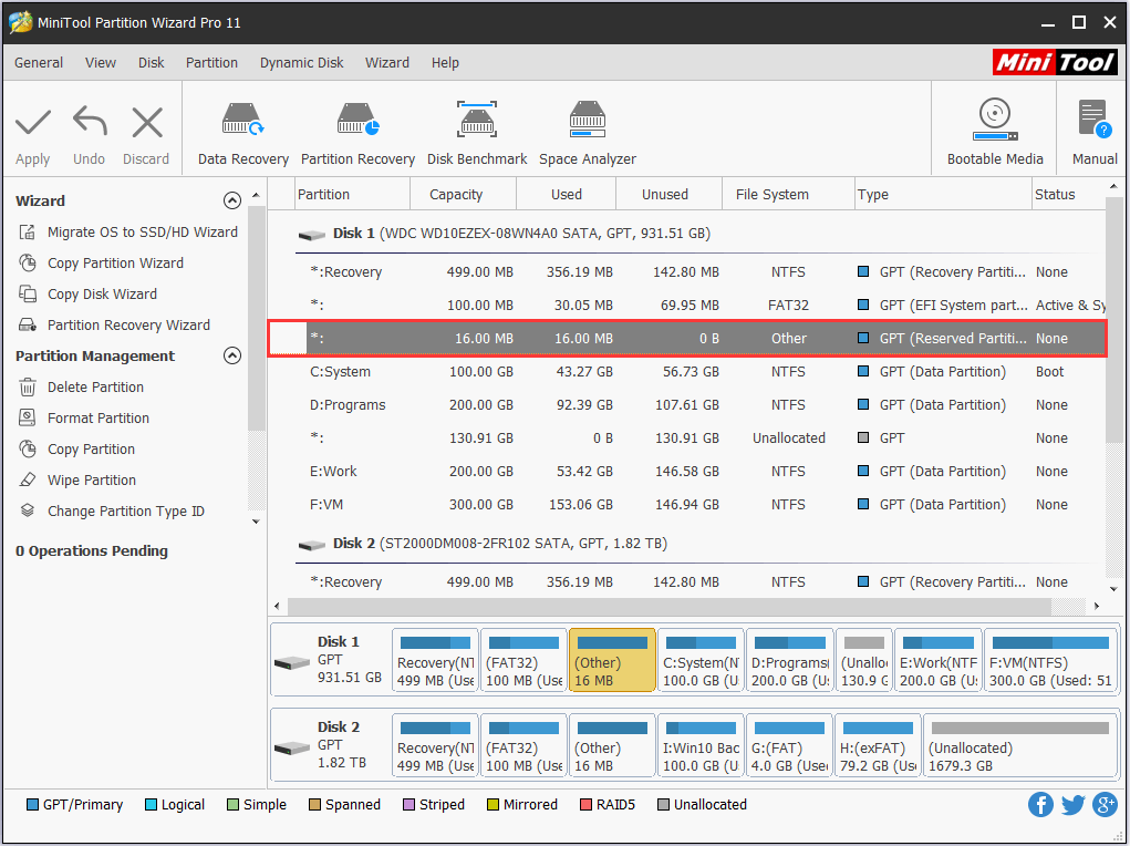 l'interface principale du support de démarrage MiniTool Partition Wizard