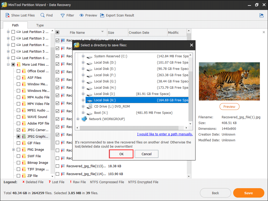 cliquez sur OK pour enregistrer les fichiers dans un endroit sûr