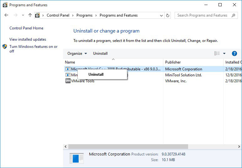 désinstaller le programme dans Windows 10