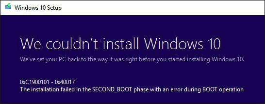 Code d'erreur écran bleu Windows 10 0XC1900101 - 0X40017