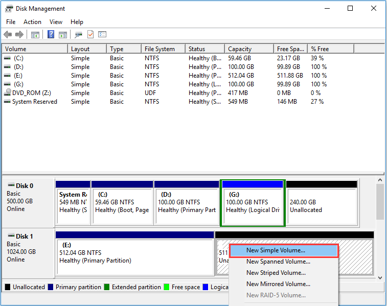 créer une partition dans la gestion des disques