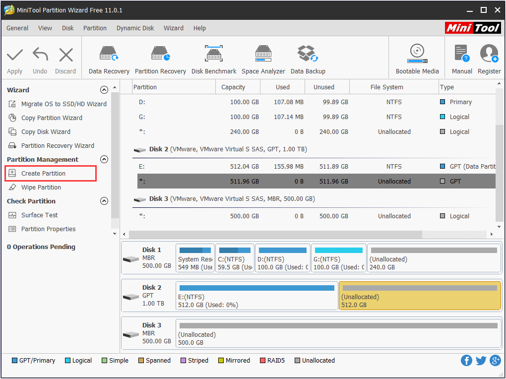 choisissez Créer une partition