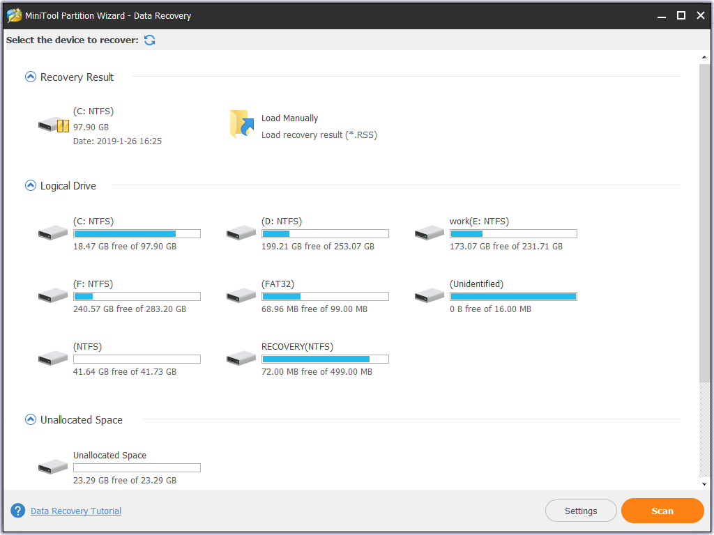 sélectionnez le lecteur pour analyser les données perdues