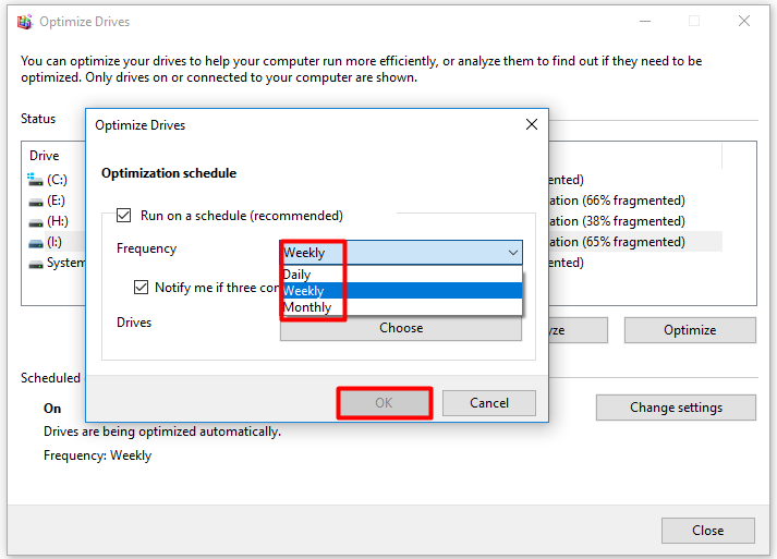 définir le calendrier d'optimisation du disque dur