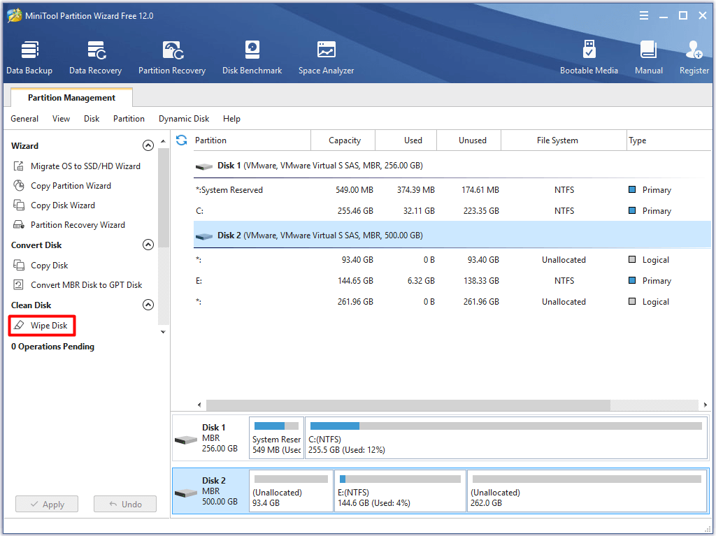 sélectionnez le lecteur à nettoyer et choisissez essuyer le disque