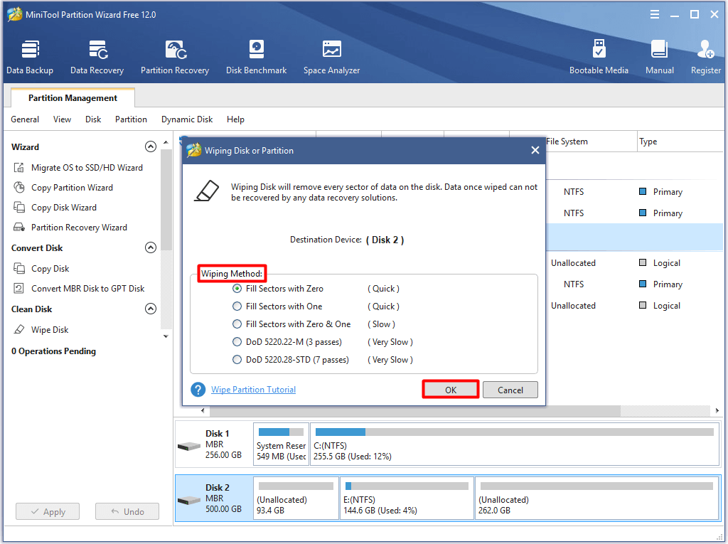 choisissez une méthode d'essuyage et cliquez sur ok