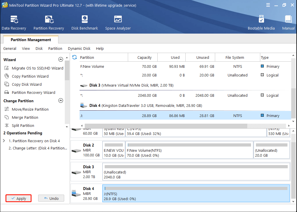 attribuez une lettre de lecteur et cliquez sur Appliquer pour continuer