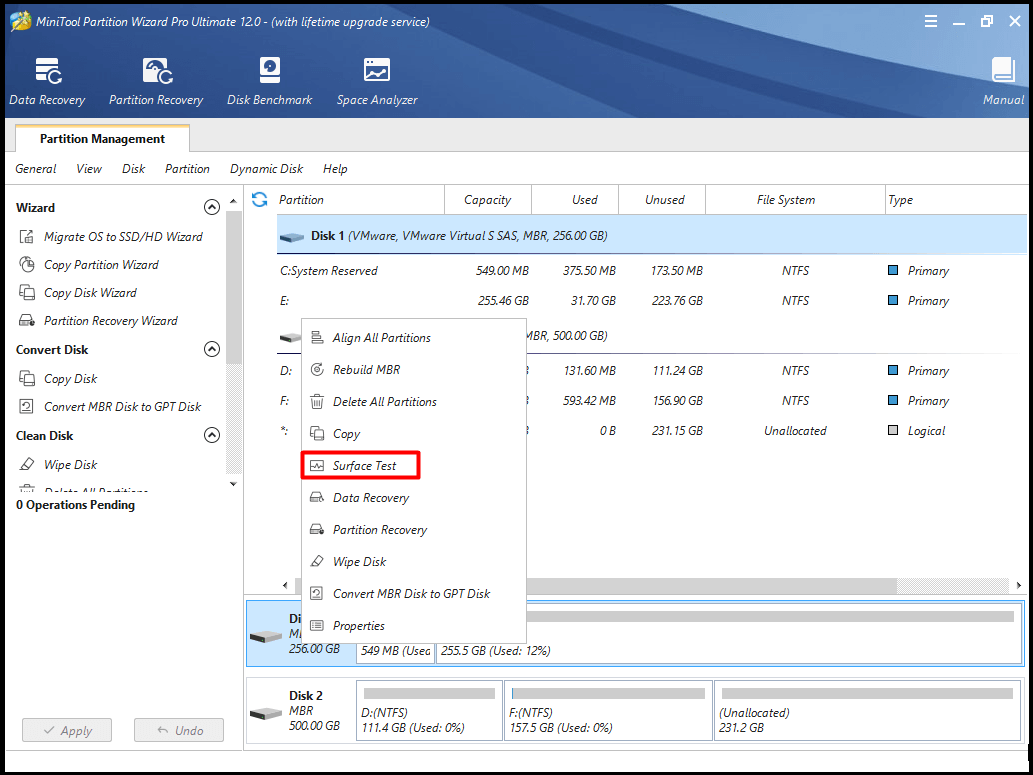  choisissez le lecteur cible et cliquez sur l'option de test de surface