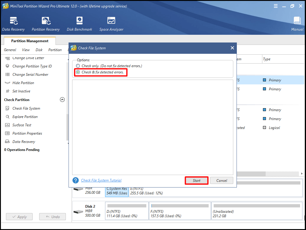  sélectionnez une option de vérification du système de fichiers et cliquez sur démarrer