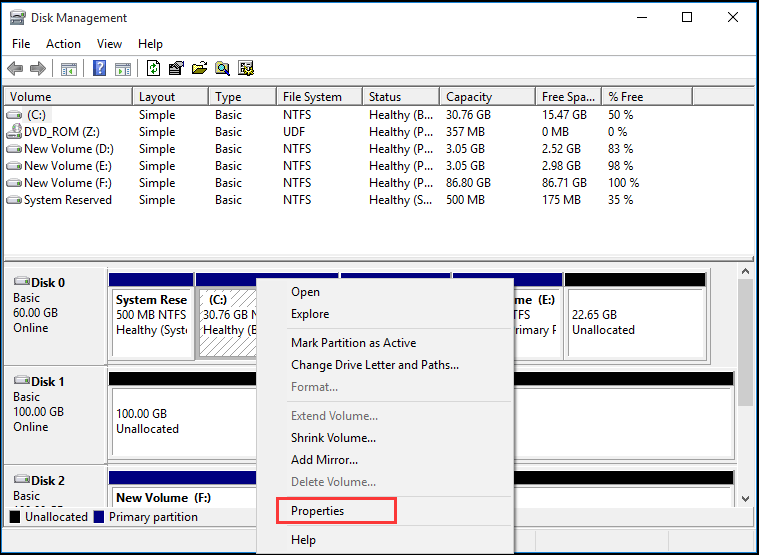 choisissez le disque système et choisissez les propriétés