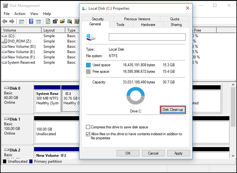 cliquez sur Nettoyage de disque