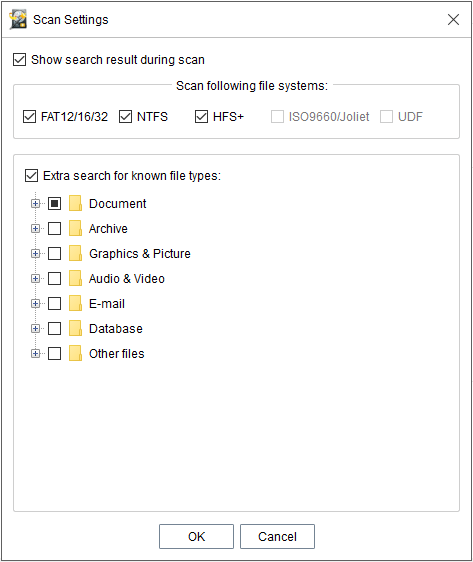 spécifier les types de fichiers et les systèmes de fichiers à analyser