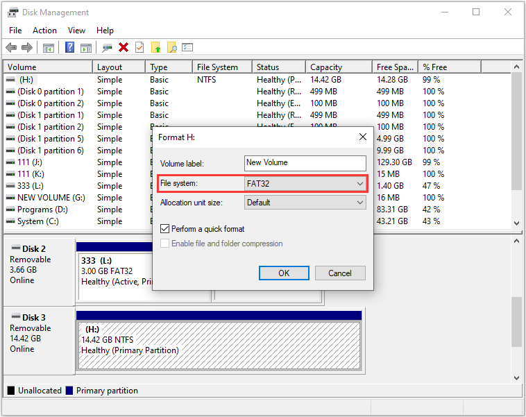 formater la carte SD dans la gestion des disques