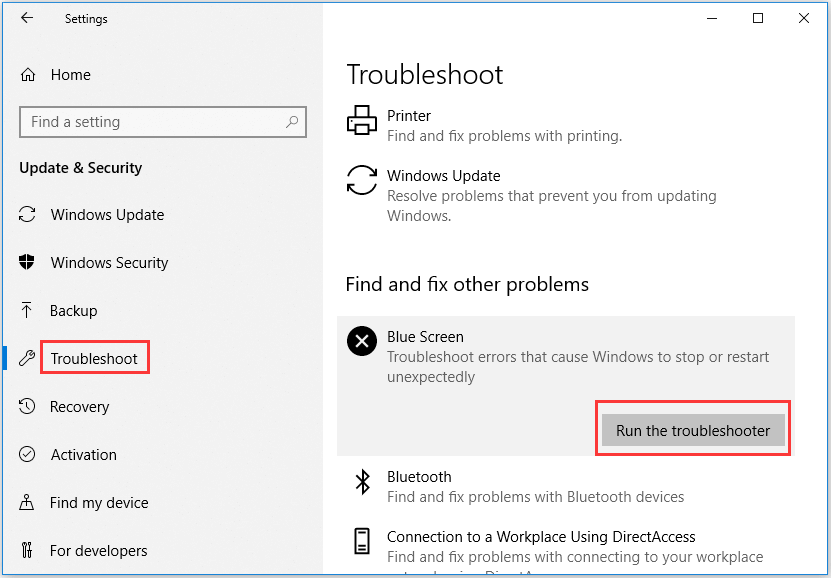 exécuter l'utilitaire de résolution des problèmes BSOD Windows 10