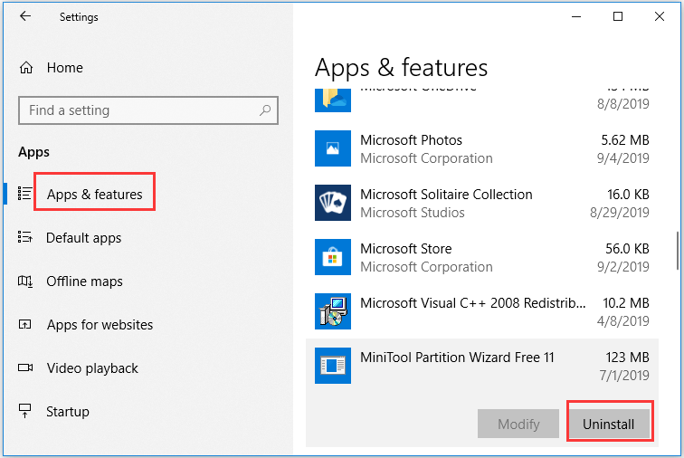  désinstaller l'application Windows 10 