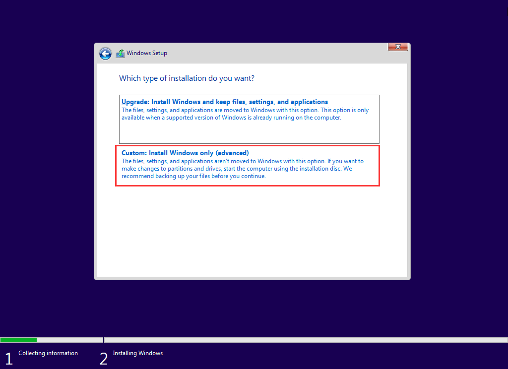 choisissez Personnalisé: installer uniquement Windows (avancé)