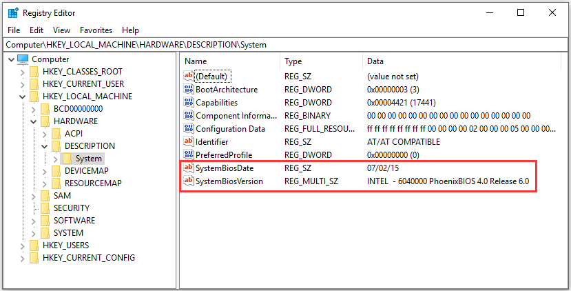 vérifier la version du BIOS dans le registre