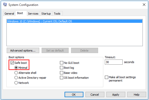 check Démarrage sécurisé et Minimal