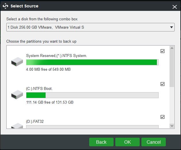 choisir les partitions de disque à sauvegarder