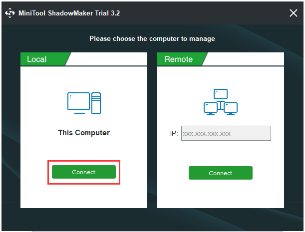 cliquez sur Se connecter à cet ordinateur pour accéder à son interface principale