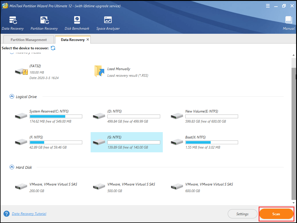 sélectionnez la partition et cliquez sur Scan