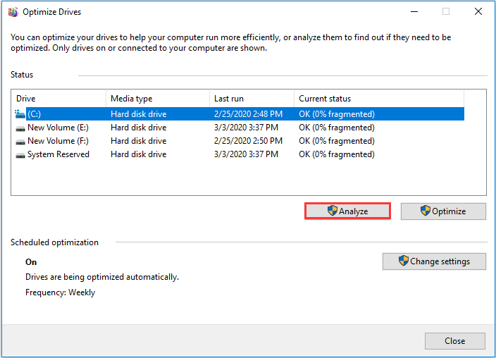 sélectionnez le lecteur et choisissez Analyser