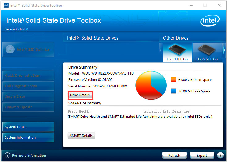 cliquez sur Détails du lecteur dans Intel SSD Toolbox