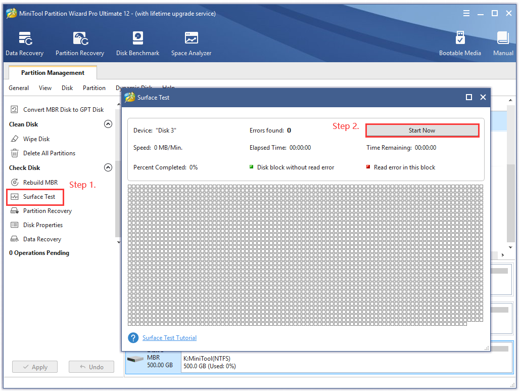 cliquez sur Test de surface et commencez maintenant