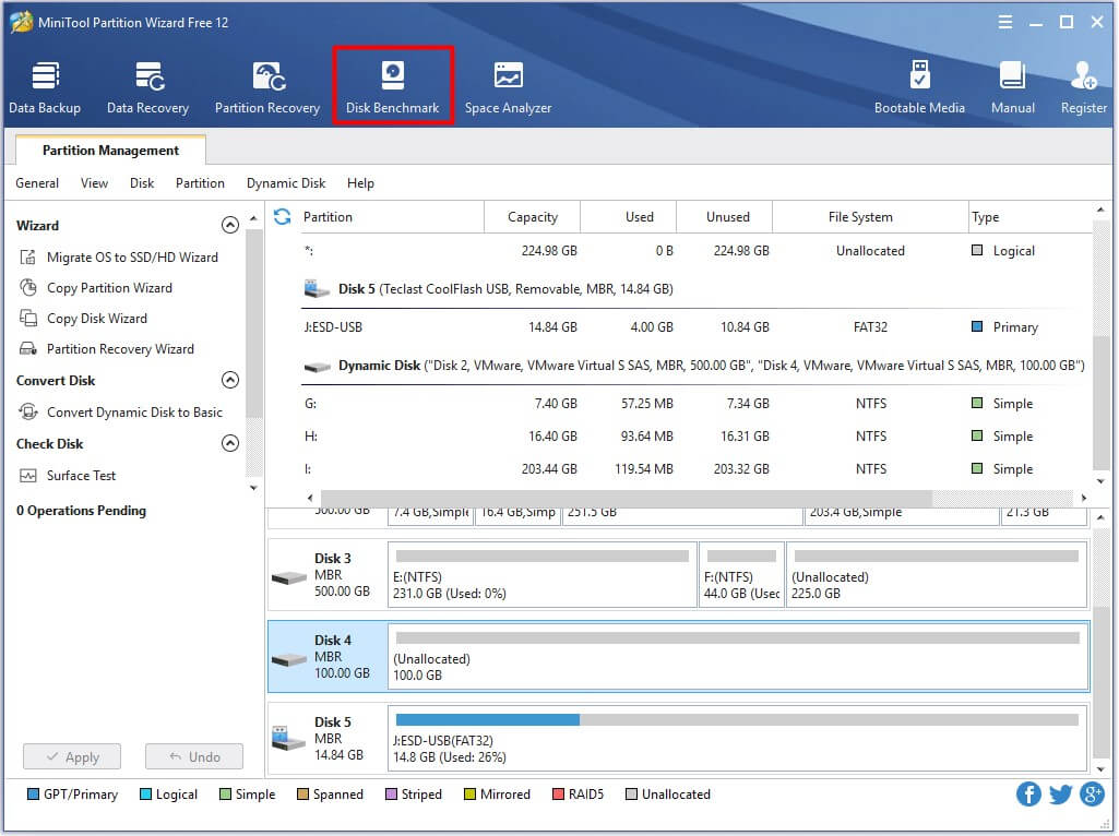 cliquez sur le benchmark de disque en haut de l'interface