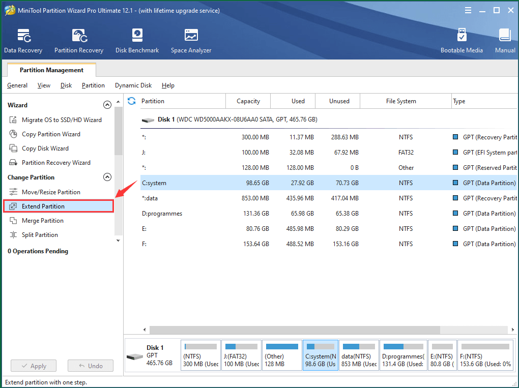 Sélectionnez Étendre la partition