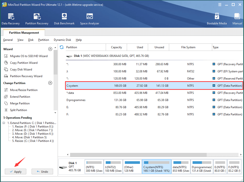 Appliquer les opérations en attente de l'extension de la partition C